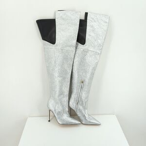 Good American Women 5.5 Emma Boots Silver Over The Knee OTK Leather Kardashian